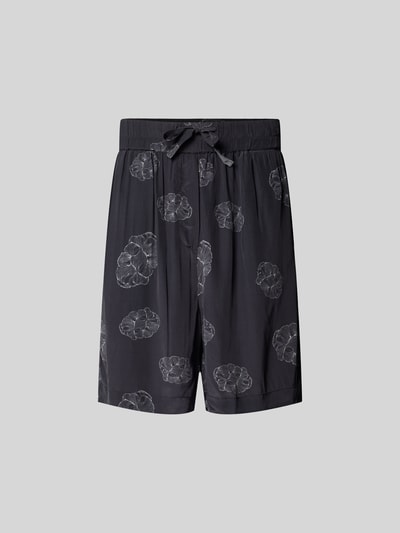 Produktfoto, Shorts aus reiner Viskose von Officine Générale, Relaxed-Fit, dunkel mit grafischem Muster, elastischer Bund, Tunnelzug, Eingrifftasche, Innenbeinlänge 16 cm, Bundweite 40 cm.