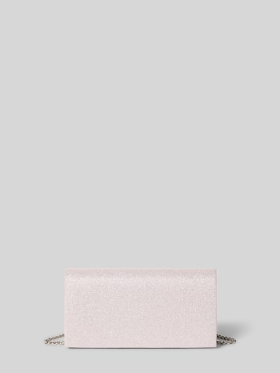 Produktfoto, Clutch mit Allover-Glitzerbesatz von Jake*s Cocktail in hellem Silber, rechteckige Form, feine Glitzertextur, vorne sichtbar. Hauptfach mit Überschlag, Magnetverschluss, Ketten-Trageriemen, Maße 20x11x4 cm, Schulterriemen 113 cm.