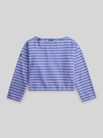 Produktfoto, Oversized Pullover aus reiner Baumwolle von Polo Ralph Lauren, blau-lila gestreift, U-Boot-Ausschnitt, lange Ärmel, unifarbenes Design