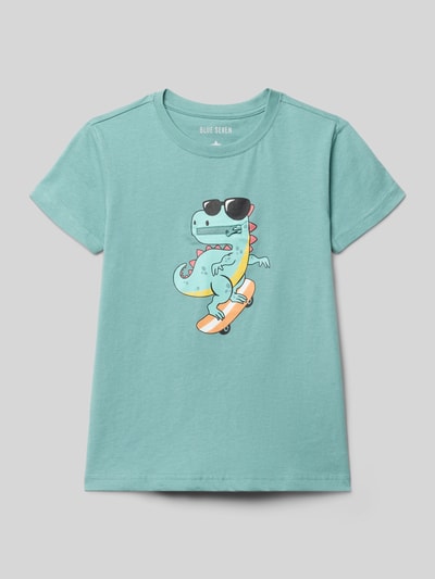 Produktfoto, T-Shirt mit Rundhalsausschnitt und Motiv-Print von Blue Seven, bawełna, prosty krój, nadruk z dinozaurem, długość tyłu w rozmiarze 116: 46 cm