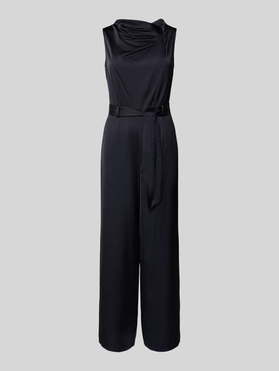 Produktfoto, Jumpsuit aus Satin im ärmellosen Design von comma in Schwarz mit taillierter Passform, abnehmbarem Stoffband, glatte Textur.