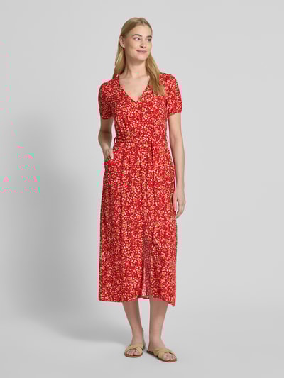 Apricot Midikleid aus Viskose mit Knopfleiste und Bindegürtel Rot 4