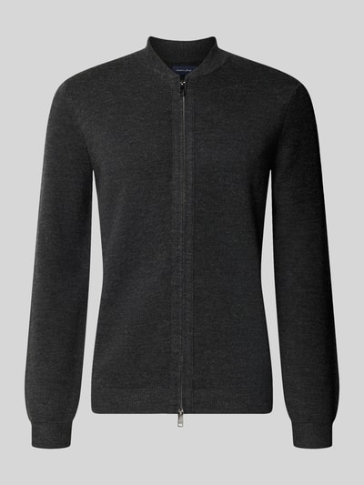 Produktfoto, Slim Fit Strickjacke aus Baumwoll-Mix mit Stehkragen von Christian Berg Men in dunkelgrau, Zweiwege-Reißverschluss, gerippte Abschlüsse