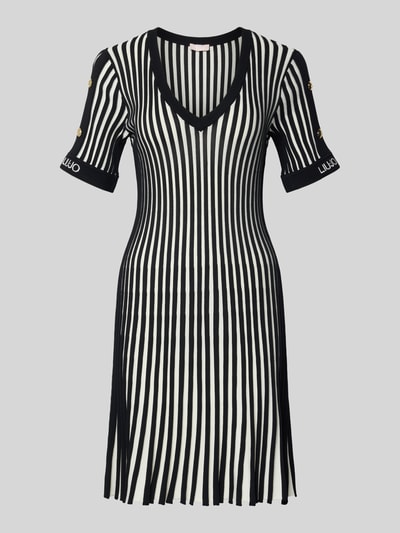 Produktfoto, Minikleid mit gerippten Abschlüssen von LIU JO SPORT aus Viskose-Mix in Schwarz-Weiß mit tailliertem Schnitt und V-Ausschnitt
