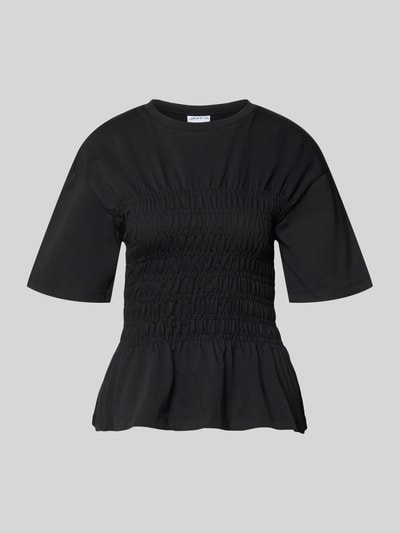 Produktfoto, T-Shirt mit Smok-Details und Rundhalsausschnitt von Jake*s Casual in Schwarz, aus reiner Baumwolle, Slim-Fit, Rückenlänge 54 cm bei Größe S