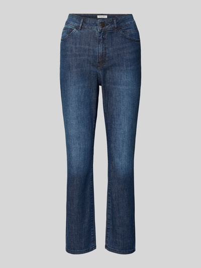 Produktfoto, Cropped Slim Fit Jeans mit Eingrifftaschen von Christian Berg Woman, mieszanka bawełny z dodatkiem streczu, krój slim fit, krój krótki, wpuszczane kieszenie, szerokość w rozmiarze 36/28: 38 cm, długość wewnętrzna nogawki w rozmiarze 36/28: 67 cm, ciemnoniebieski denim, subtelnie kontrastowe szwy, lekko sprany efekt