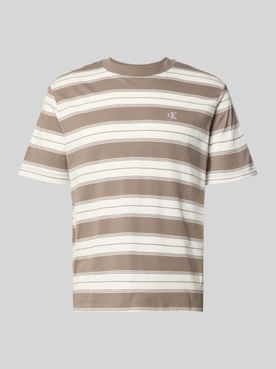 Productfoto, Regular Fit T-shirt uit katoenmix van Calvin Klein Jeans met all-over streepmotief, logo-stitching, ronde hals, korte mouw, bruine en witte tinten, gladde textuur
