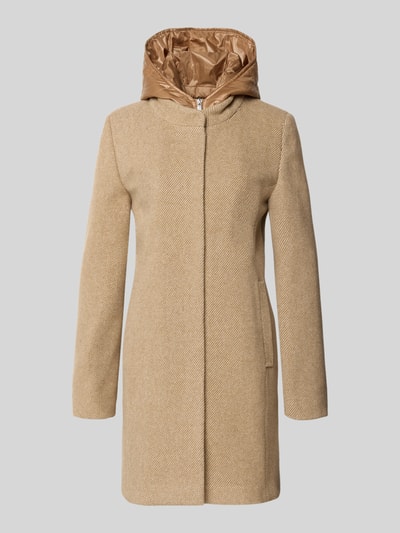 Produktfoto, Kurzmantel aus Woll-Mix mit Kapuze von FUCHS SCHMITT in Beige, Slim Fit, sichtbare Textur, seitliche Eingrifftaschen, glatte braune Kapuze, Rückenlänge 84 cm, Schulterbreite 40 cm, Brustweite 46 cm, Ärmellänge 64 cm.