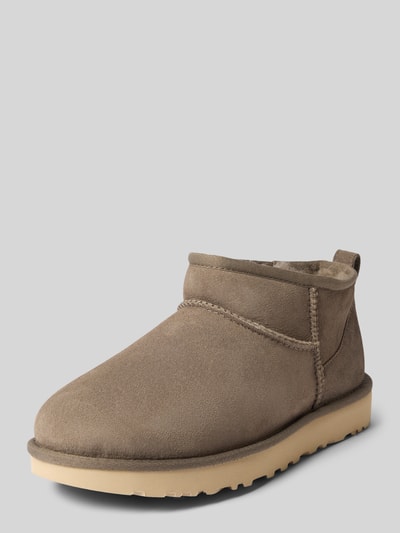 Produktfoto, Boots aus Leder mit Label-Patch Modell 'CLASSIC ULTRA MINI' von UGG, beżowy kolor, zaokrąglony kształt, profilowana podeszwa, skóra powlekana, wysokość obcasa 3 cm, wysokość cholewki 8 cm, szerokość w rozmiarze 40: 14 cm