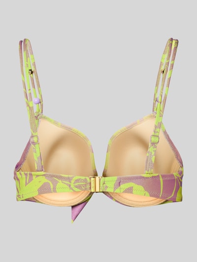 Produktfoto, Bikini-Oberteil mit Knoten-Detail Modell 'CHALIA' von Marie Jo, gemusterter Material-Mix in Grün und Lila, wattierte Cups, verstellbare Spaghettiträger mit Perlen, Hakenverschluss, Stretch-Anteil.