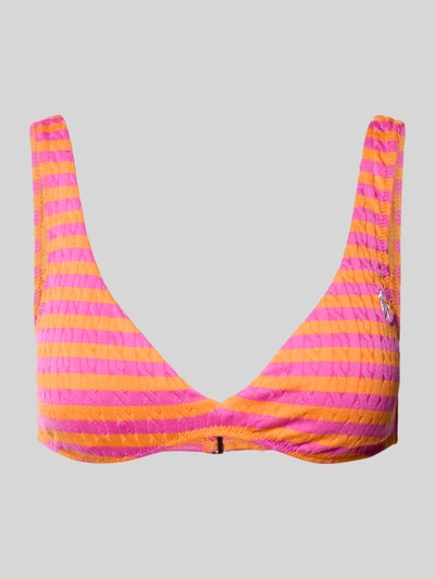 Produktfoto, Bikini-Oberteil mit Strukturmuster von Polo Ralph Lauren in Orange-Pink mit Optik:Allover-Muster, Logo-Applikation, V-Ausschnitt, Hakenverschluss, Materialverarbeitung: Stretch