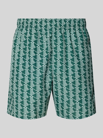 Produktfoto, Badehose mit Logo-Muster von Lacoste in Grün mit Optik:Allover-Muster, Tunnelzug, Bundabschluss: elastisch, schnelltrocknend, seitliche Eingrifftaschen, Gesäßtasche, Logo-Stitching, mit Trockenbeutel