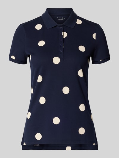 Produktfoto, Poloshirt mit kurzer Knopfleiste von Christian Berg Woman, granatowy z jasnymi okrągłymi wzorami, bawełna z elastanem, krój slim fit, kołnierzyk polo, długość pleców w rozmiarze S: 61 cm
