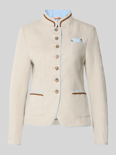 Produktfoto, Slim Fit Blazer aus Leinen-Baumwoll-Mix von WHITE LABEL, krój slim fit, stójka, listwa guzikowa, nakładane kieszenie, długość tyłu w rozmiarze 36: 58 cm, szerokość w rozmiarze 36: 46 cm, długość rękawów w rozmiarze 36: 63 cm, beżowy z niebieskimi i brązowymi akcentami, gładka faktura