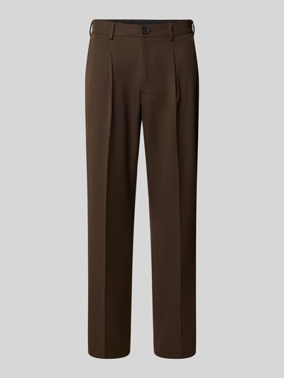 Produktfoto, braune Regular Fit Chino mit Viskose-Anteil von SELECTED HOMME, unifarbener Twill, Gürtelschlaufen, Knopfverschluss, seitliche und Gesäßtaschen.