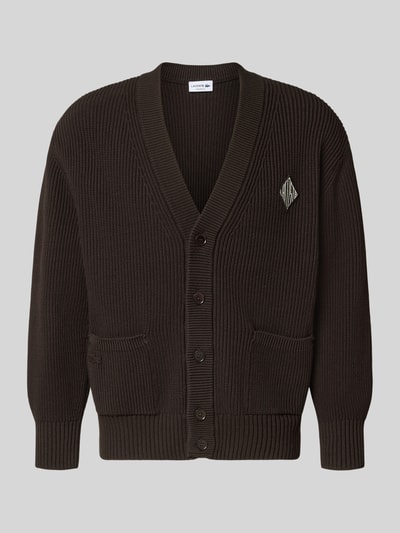 Produktfoto, Relaxed Fit Strickjacke aus Baumwoll-Mix Modell 'COTES PERLEES' von Lacoste in Unifarben mit Knopfleiste, geripptem Abschluss und Label-Stitching.