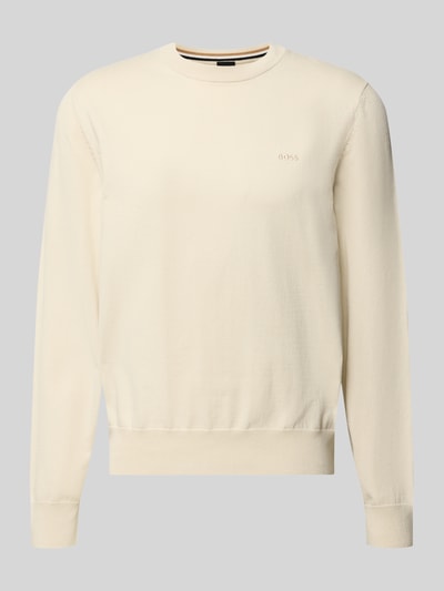 Produktfoto, Regular Fit Strickpullover aus reiner Baumwolle Modell 'UPCAS' von BOSS in Unifarben mit Label-Stitching, Crew Neck, gerippte Abschlüsse, Strick-Struktur.