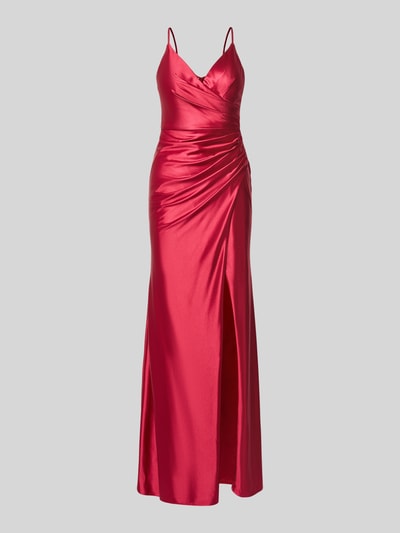 Produktfoto, Maxikleid aus Satin mit Drapierungen und Gehschlitz von Luxuar in glänzendem Rot, taillierter Schnitt, V-Ausschnitt, strukturierte Oberfläche