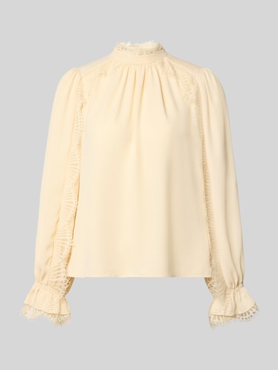 Productfoto, Regular Fit Bluse mit Spitzenbesatz van Marc Cain, dames blouse van chiffon, opstaande kraag, ruglengte maat 36: 54 cm, mouwlengte maat 36: 63 cm, crèmekleurig, zachte stof, fijne kantdetails