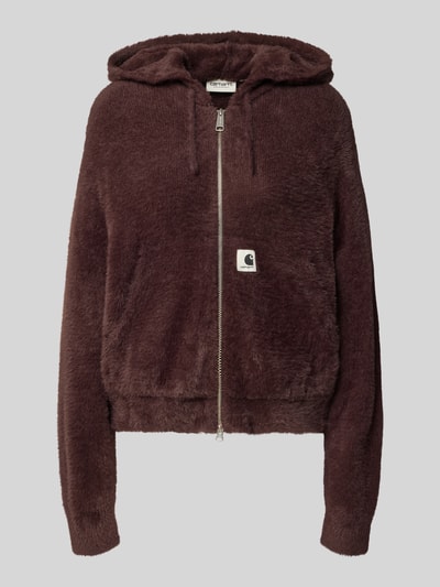 Produktfoto, Regular Fit Sweatjacke mit Baumwoll-Anteil von Carhartt Work In Progress, braune Farbe, flauschige Textur, Logo-Patch, Zweiwege-Reißverschluss, Kapuze mit Tunnelzug, Damen Sweatjacke, Material-Mix.