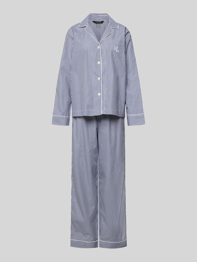 Produktfoto, niebiesko-biały prążkowany Pyjama mit Brusttasche von Lauren Ralph Lauren z bawełny, luźny krój, logo na kieszonce.