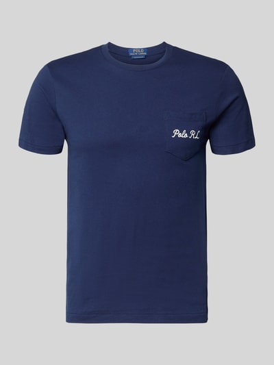 Produktfoto, Slim Fit T-Shirt aus reiner Baumwolle von Polo Ralph Lauren, Optik: Unifarben, Label-Schriftzug, Brusttasche, Rundhals, Kurzarm, Materialverarbeitung: Jersey, Farbe: Dunkelblau