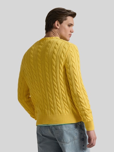 Męski model nosi Regular Fit Strickpullover aus reiner Baumwolle od Polo Ralph Lauren, żółty, wzór warkoczowy, dżersejowy, krój regular fit, okrągły dekolt, długi rękaw, logo z przodu, bawełna, widok z tyłu całej sylwetki.