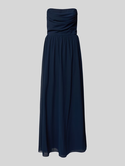 Produktfoto, Abendkleid mit Rückenausschnitt von Laona in Dunkelblau, taillierte Passform, Falten-Optik, Schnürverschluss, langer Rock, feine Stoffstruktur.