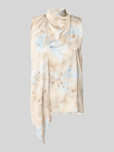 Produktfoto, Bluse mit Stehkragen und asymmetrischem Design von Rinascimento, kremowy materiał z niebieskimi i beżowymi akcentami, prosty krój, marszczenia, wycięcie na plecach, mieszanka materiałów z dodatkiem stretchu, długość tyłu w rozmiarze S: 67 cm