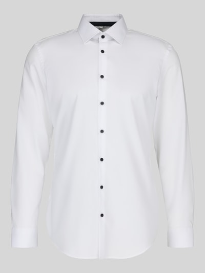 Produktfoto, weißes Super Slim Fit Business-Hemd mit Kentkragen von Jake*s aus reiner Baumwolle, Knopfleiste, glatte Textur