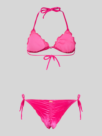 Produktfoto, Bikini-Set z dodatkiem streczu model 'CIROLUMA' od Banana Moon, elastyczna mieszanka materiałów, krój dopasowany, trójkątny kształt, elastyczny pas, wiązanie na szyi, faliste wykończenie, ozdobne zawieszki, intensywny róż, gładka tekstura
