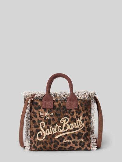 Produktfoto, Handtasche mit Fransen und Label-Print Modell 'VANITY MINI' von MC2 Saint Barth aus bawełny, beżowo-brązowe barwy, nadruk, frędzle, uchwyty do noszenia, pasek na ramię, Szerokość w rozmiarze 1: 19 cm, długość 17 cm, głębokość 10 cm, długość paska 74 cm, całkowicie pokryta wzorem