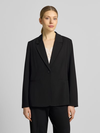 Frauenmodel trägt Relaxed Fit Blazer mit Reverskragen Modell 'Danta' von B.Young im Material-Mix mit Viskose-Anteil, Knopfverschluss, Paspeltaschen, Farbe Schwarz, Ganzkörperansicht von vorne. Rückenlänge bei Größe 38: 70 cm, Brustweite: 35 cm, Ärmellänge: 62 cm.