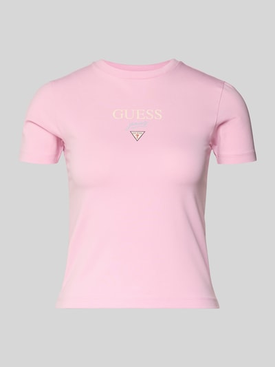 Produktfoto, T-shirt met logo en ronde hals van Guess, dames, roze, slim fit, mix van katoen en elastaan, ruglengte maat S 47 cm