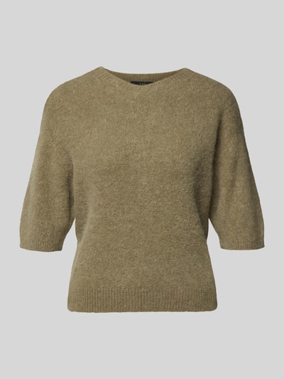 Produktfoto, Strickpullover mit 1/2-Arm van Oui in olijfgroen, Materiaalmix met alpacawol, regular fit, ronde hals, ruglengte maat 36: 54 cm, mouwlengte 34 cm