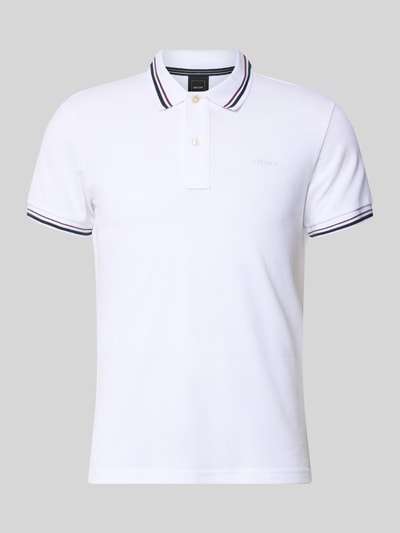 Produktfoto, Slim Fit Poloshirt mit Kontraststreifen von Geox aus Baumwoll-Mix in Weiß mit kurzen Ärmeln, Polokragen, kurze Knopfleiste, Rückenlänge bei Größe M 69 cm, schlichte Textur und dezente Farbdetails.