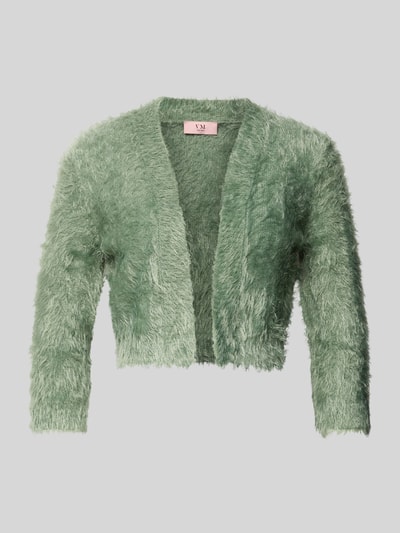 Produktfoto, grüner Bolero aus Kunstfell mit Viskose-Anteil von V.M., offene Vorderseite, 3/4-Arm, strukturierte Oberfläche