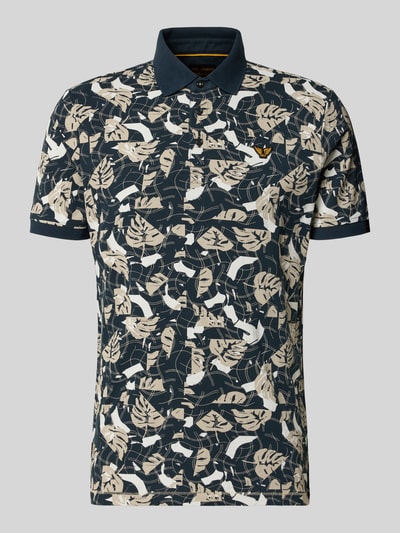 Produktfoto, Slim Fit Poloshirt im Allover-Look von PME Legend aus Baumwoll-Elasthan-Mix mit Knopfleiste und Label-Stitching in Dunkelblau, Rückenlänge bei Größe M 72 cm.
