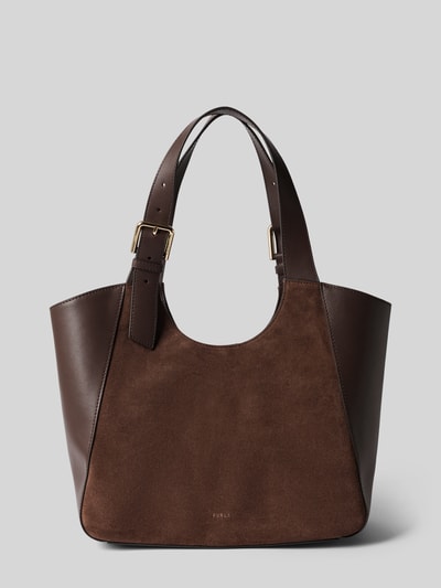 Produktfoto, Tote Bag aus echtem Leder Modell 'Dora' von FURLA in Braun, glatte und samtige Texturen, goldene Schnalle, Magnetverschluss, verstellbare Schulterriemen, Hauptfach und Innenfach mit Reißverschluss, Maße 41x29x12 cm, Schulterriemen 52 cm