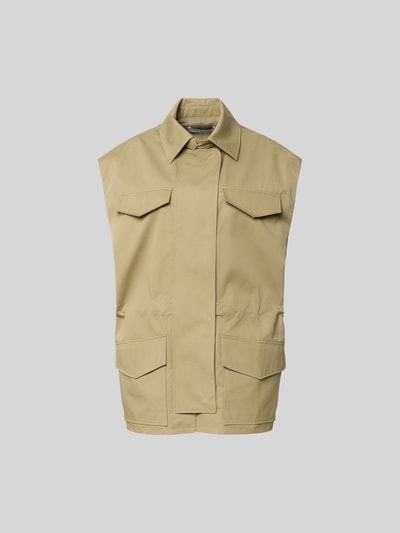 Produktfoto, Weste aus reiner Baumwolle von Iro in Beige, gerade Passform, Umlegekragen, Pattentaschen, durchgehender Reißverschluss. Kontext: Damen Weste, Rückenlänge bei Größe 36: 79 cm, Brustweite bei Größe 36: 57 cm.