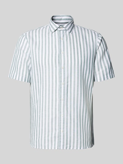 Produktfoto, Slim Fit Business Hemd aus Leinen-Misch mit Kentkragen von Jake*s, gestreiftes Design in Weiß und Grau, kurze Ärmel, Knopfleiste, Leinen-Baumwoll-Mix, für Herren