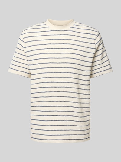 Produktfoto, Regular Fit T-Shirt aus Baumwoll-Mix Modell 'DJANGO' von SELECTED HOMME, paski, faktura, okrągły dekolt, kremowo-granatowe