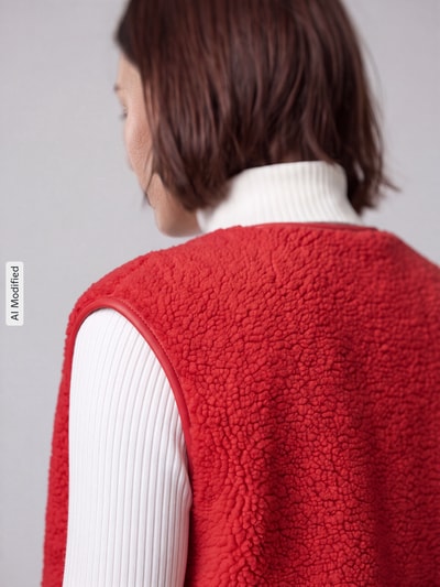 Frauenmodel trägt Regular Fit Weste mit Logo-Detail von Jake*s Casual in kräftigem Rot, strukturierte Oberfläche, Nahaufnahme Rückansicht, KI-modifiziertes Bild.