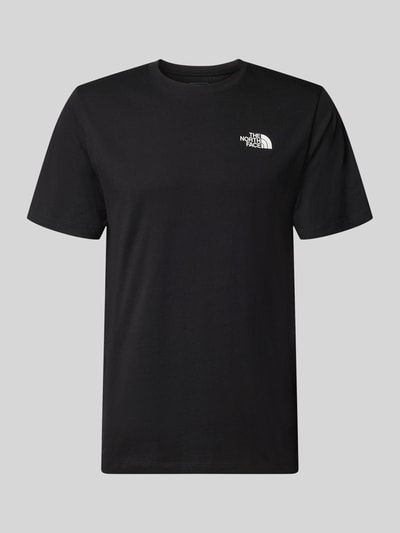 Produktfoto, Regular Fit T-Shirt aus Baumwoll-Mix Modell 'VERTICAL' von The North Face, Herren T-Shirt mit Rundhalsausschnitt und Label-Print, Rückenlänge 71 cm bei Größe M, schwarze glatte Oberfläche, klare Form.