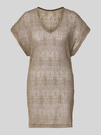 Produktfoto, długa koszulka z dekoltem w serek model 'ZINIA BEACHSOUL' od Banana Moon, mieszanka materiałów z dodatkiem streczu, krój relaxed fit, kolor beżowy, wyraźna faktura z ażurowym wzorem.