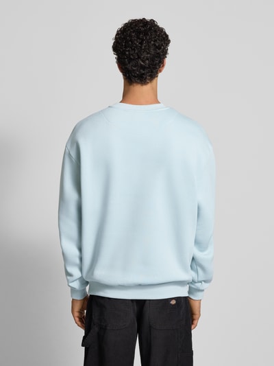 Männermodel trägt Sweatshirt mit Label-Stitching von KARL KANI in hellblau, Baumwoll-Mix, lockerer Schnitt, gerippte Abschlüsse, Rundhalsausschnitt, Rückenlänge 69 cm, Ärmellänge 65 cm, Ganzkörperansicht Rückansicht.