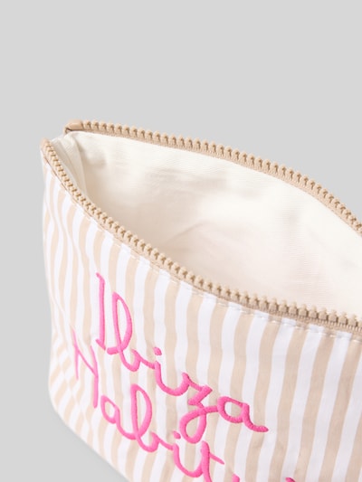 Produktfoto, Kosmetiktasche aus Baumwolle mit Reißverschluss Modell 'Aline' von MC2 Saint Barth in Beige-Weiß mit rosa Statement-Stitching und Label-Details, gestreiftes Muster, strukturierte Stoffoberfläche
