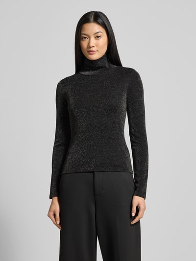 Frauenmodel trägt Longsleeve mit Stehkragen Modell 'Rani' von GUIDO MARIA KRETSCHMER WOMAN, Schwarz mit Glitter-Effekt, Nahaufnahme Oberkörper.