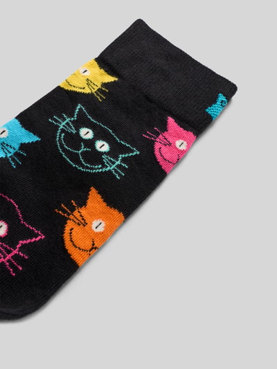 Produktfoto, Socken mit Label-Detail von Happy Socks im elastischen Baumwoll-Mix, farbige Katzenmotive, strukturiertes Rippbündchen
