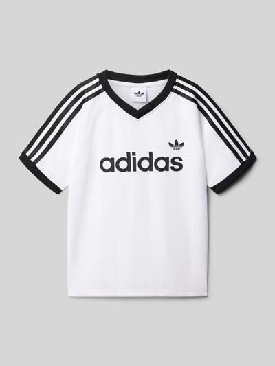 Productfoto, Regular Fit T-Shirt mit Label-Applikation van adidas Originals, wit stretchmateriaal, effen look, gestreept, V-hals, korte mouw, geribde zoom